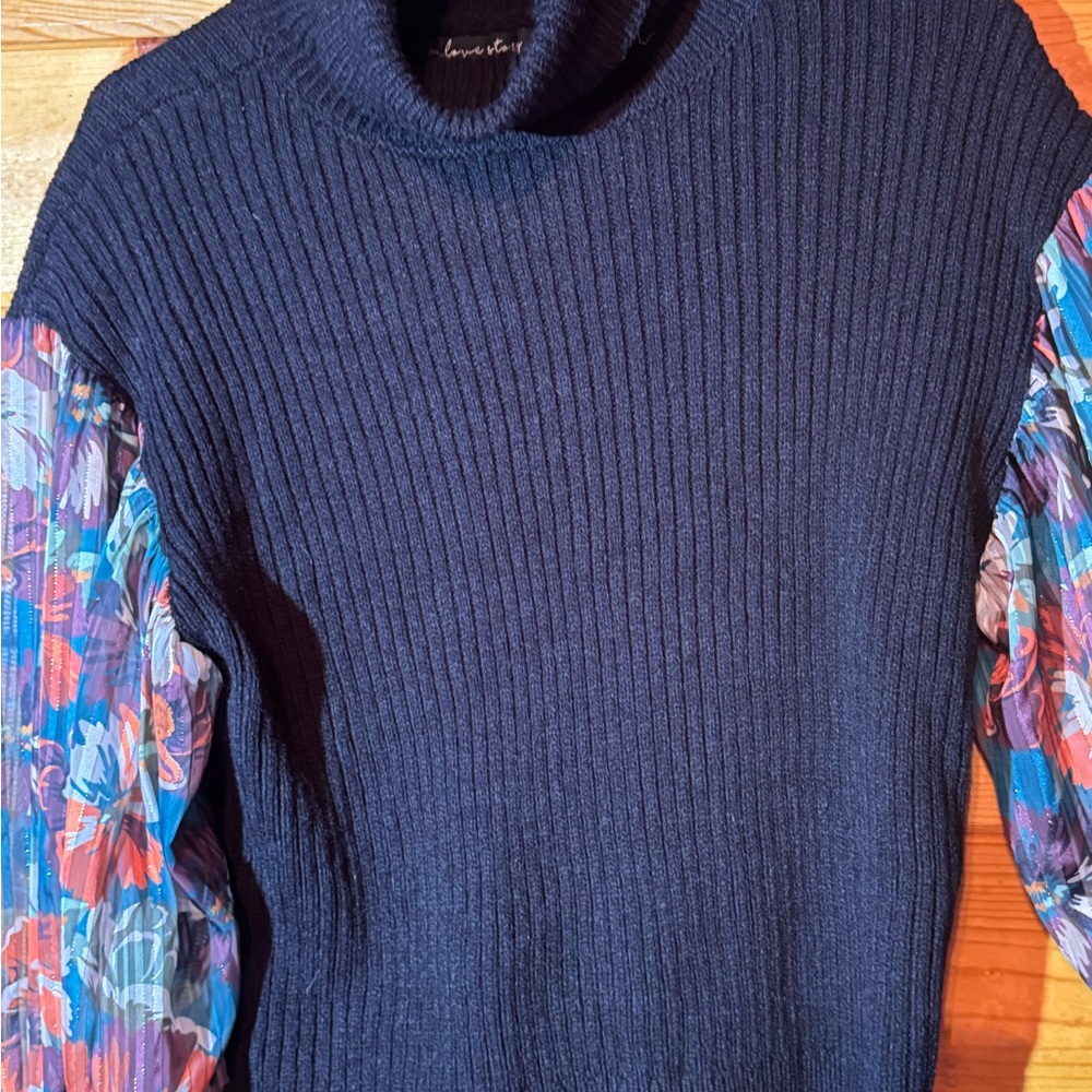 A Love Story Black Sweater with Multicolor Pleated Sleeves